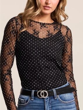 🖤Willow & Root Black Sheer Polka Dot Mesh Long Sleeve Top - Size Med - NWOT